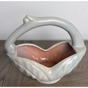 Vintage 1950s GONDER Ceramic Basket Planter Vase Pale Blue Pink w/Handle H-39